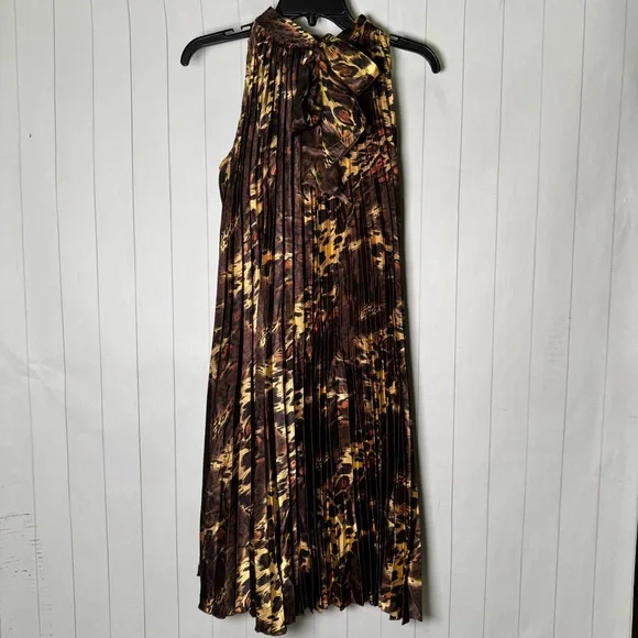 Brown Leopard Midi Pleated Shift Dress Cheetah Animal Print Bow Tie Neck Glam 10 - Picture 3 of 4